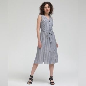 Monteau Sleeveless Dress Womens Small Navy Blue White Nautical Belted Midi NEW